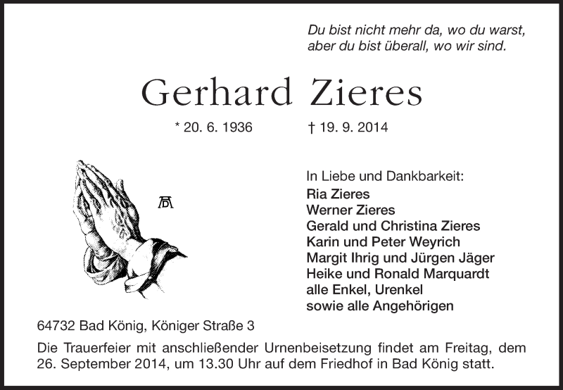  Traueranzeige für Gerhard Zieres vom 24.09.2014 aus Odenwälder Echo