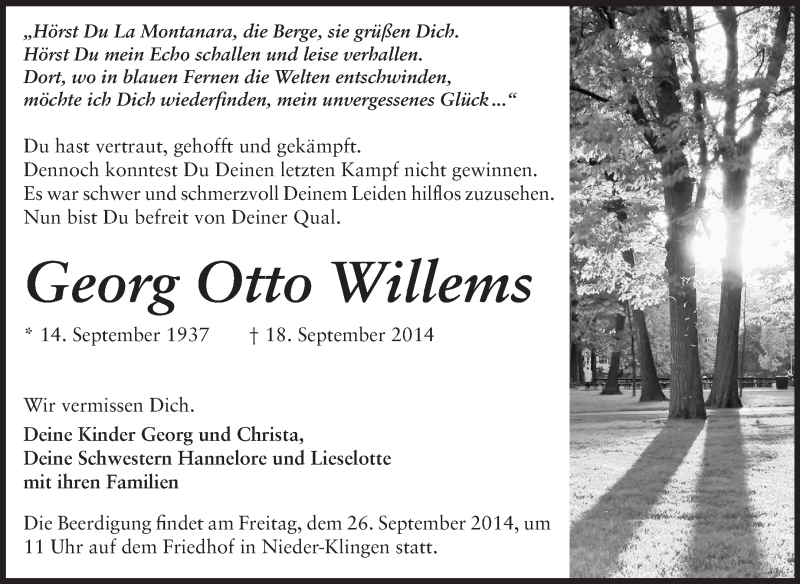 Traueranzeige für Georg Otto Willems vom 24.09.2014 aus Echo-Zeitungen (Gesamtausgabe)