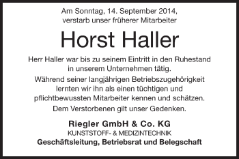 Traueranzeige von Horst Haller von Echo-Zeitungen (Gesamtausgabe)