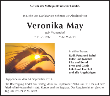 Traueranzeige von Veronika May von Starkenburger Echo