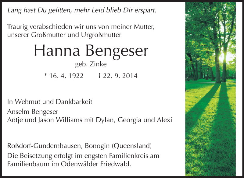  Traueranzeige für Hanna Bengeser vom 27.09.2014 aus Echo-Zeitungen (Gesamtausgabe)