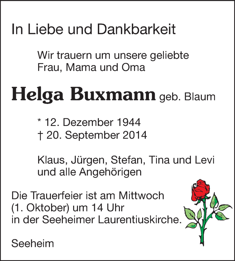  Traueranzeige für Helga Buxmann vom 27.09.2014 aus Echo-Zeitungen (Gesamtausgabe)