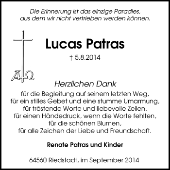 Traueranzeige von Lucas Patras von Echo-Zeitungen (Gesamtausgabe)