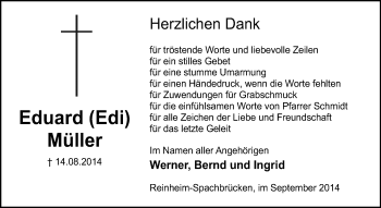 Traueranzeige von Eduard Müller von Darmstädter Echo, Odenwälder Echo, Rüsselsheimer Echo, Groß-Gerauer-Echo, Ried Echo