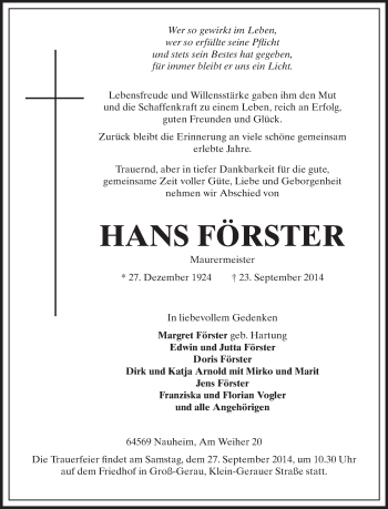 Traueranzeige von Hans Förster von Echo-Zeitungen (Gesamtausgabe)