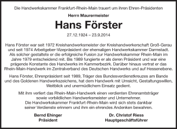 Traueranzeige von Hans Förster von Echo-Zeitungen (Gesamtausgabe)