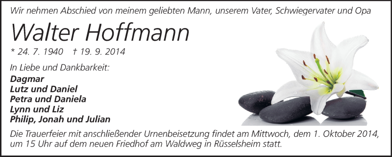  Traueranzeige für Walter Hoffmann vom 27.09.2014 aus Rüsselsheimer Echo, Groß-Gerauer-Echo, Ried Echo
