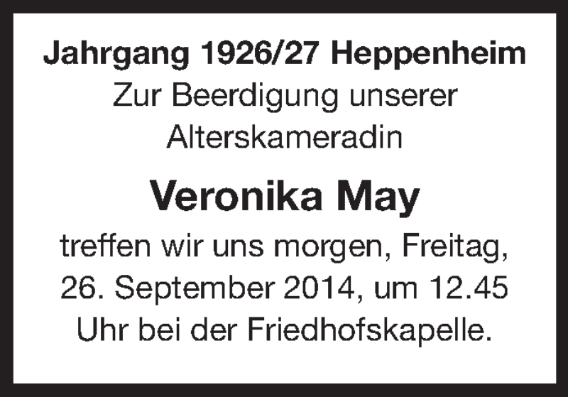  Traueranzeige für Veronika May vom 25.09.2014 aus Starkenburger Echo