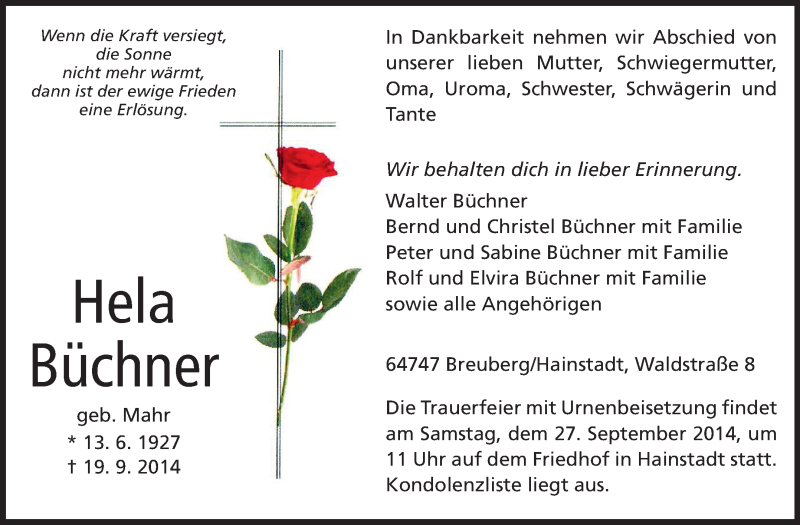  Traueranzeige für Hela Büchner vom 25.09.2014 aus Odenwälder Echo