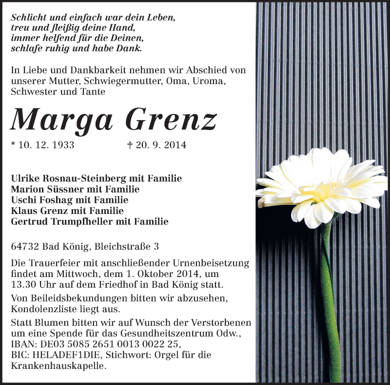  Traueranzeige für Marga Grenz vom 27.09.2014 aus Odenwälder Echo
