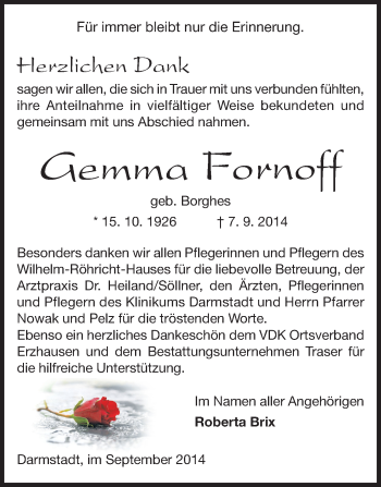 Traueranzeige von Gemma Fornoff von Echo-Zeitungen (Gesamtausgabe)
