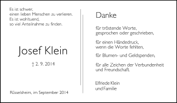 Traueranzeige von Josef Klein von Rüsselsheimer Echo, Groß-Gerauer-Echo, Ried Echo