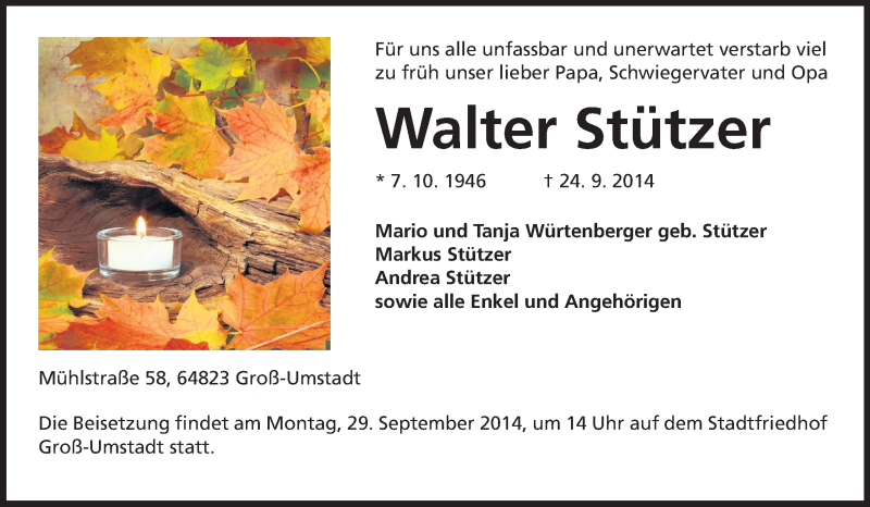  Traueranzeige für Walter Stützer vom 27.09.2014 aus Echo-Zeitungen (Gesamtausgabe)