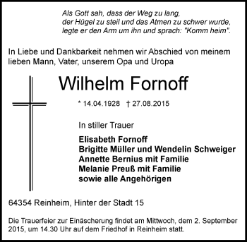 Traueranzeige von Wilhelm Fornoff von trauer.echo-online.de