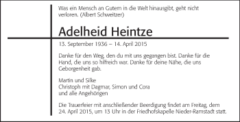 Traueranzeige von Adelheid Heintze von Echo-Zeitungen (Gesamtausgabe)