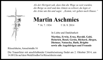 Traueranzeige von Martin Aschmies von Rüsselsheimer Echo, Groß-Gerauer-Echo, Ried Echo
