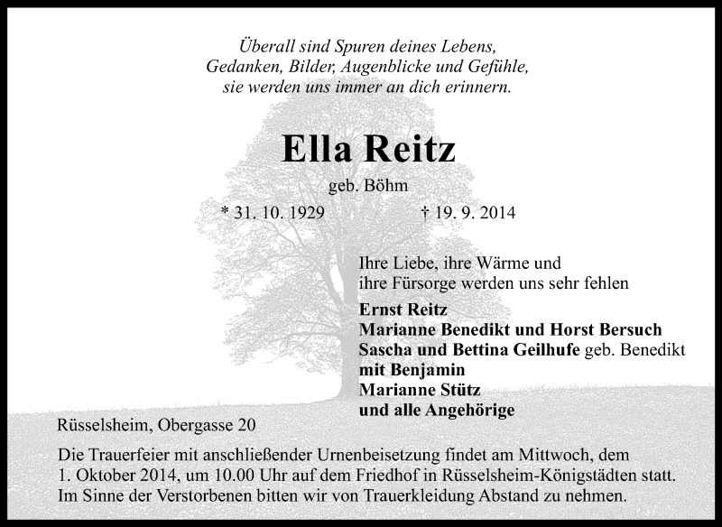  Traueranzeige für Ella Reitz vom 27.09.2014 aus Rüsselsheimer Echo, Groß-Gerauer-Echo, Ried Echo