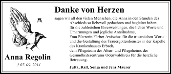 Traueranzeige von Anna Regolin von Odenwälder Echo