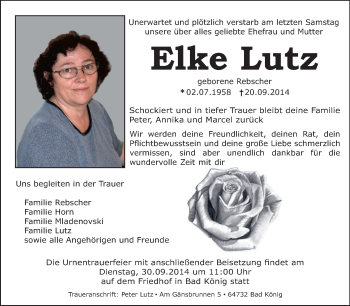 Traueranzeige von Elke Lutz von Odenwälder Echo