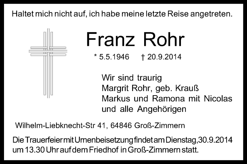  Traueranzeige für Franz Rohr vom 27.09.2014 aus Echo-Zeitungen (Gesamtausgabe)
