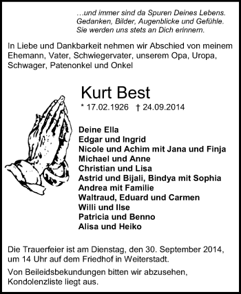 Traueranzeige von Kurt Best von Echo-Zeitungen (Gesamtausgabe)