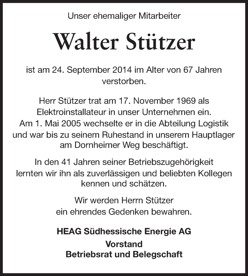  Traueranzeige für Walter Stützer vom 27.09.2014 aus Echo-Zeitungen (Gesamtausgabe)