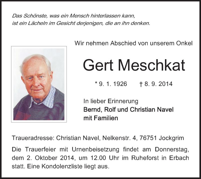  Traueranzeige für Gert Meschkat vom 27.09.2014 aus Odenwälder Echo