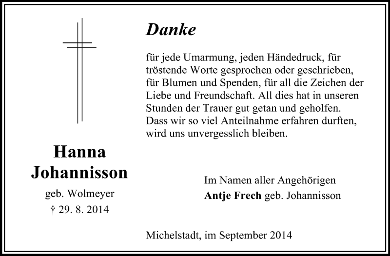  Traueranzeige für Hanna Johannisson vom 27.09.2014 aus Odenwälder Echo
