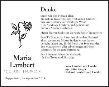 Traueranzeige von Maria Lambert von Starkenburger Echo