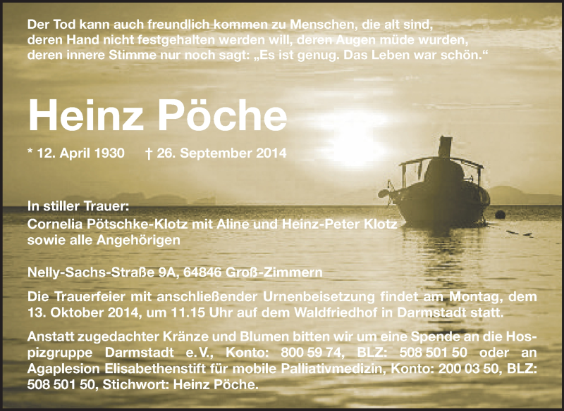  Traueranzeige für Heinz Pöche vom 04.10.2014 aus Echo-Zeitungen (Gesamtausgabe)