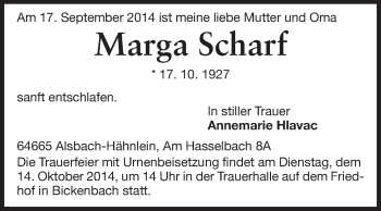 Traueranzeige von Marga Scharf von Echo-Zeitungen (Gesamtausgabe)