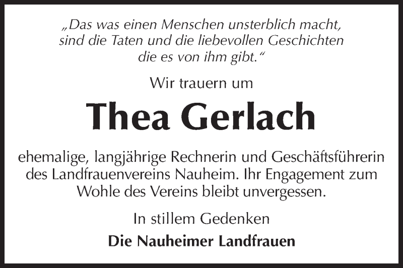  Traueranzeige für Thea Gerlach vom 30.09.2014 aus Rüsselsheimer Echo, Groß-Gerauer-Echo, Ried Echo