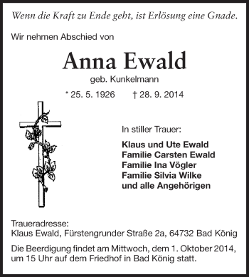 Traueranzeige von Anna Ewald von Odenwälder Echo