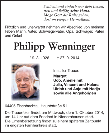 Traueranzeige von Philipp Wenninger von Echo-Zeitungen (Gesamtausgabe)