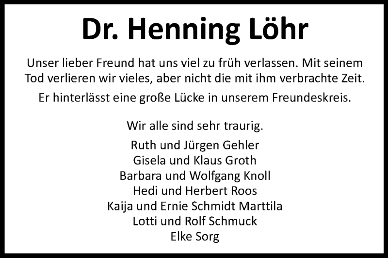  Traueranzeige für Henning Löhr vom 30.09.2014 aus Rüsselsheimer Echo, Groß-Gerauer-Echo, Ried Echo