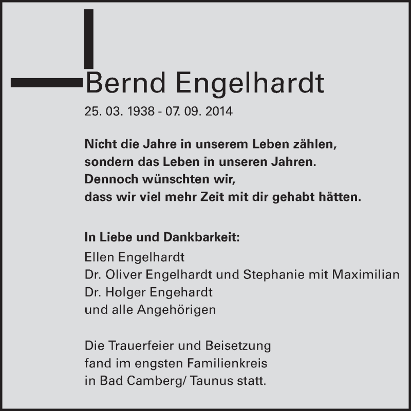  Traueranzeige für Bernd Engelhardt vom 01.10.2014 aus Echo-Zeitungen (Gesamtausgabe)