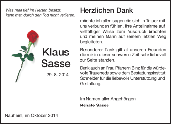 Traueranzeige von Klaus Sasse von Rüsselsheimer Echo, Groß-Gerauer-Echo, Ried Echo