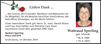 Traueranzeige von Waltraud Sperling von Rüsselsheimer Echo, Groß-Gerauer-Echo, Ried Echo