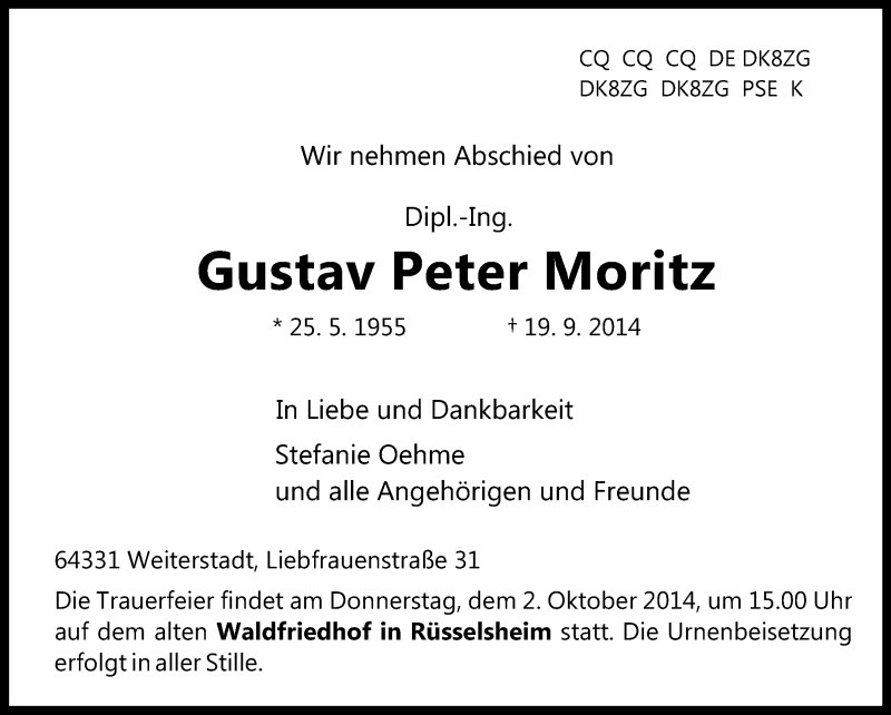  Traueranzeige für Gustav Peter Moritz vom 30.09.2014 aus Rüsselsheimer Echo, Groß-Gerauer-Echo, Ried Echo