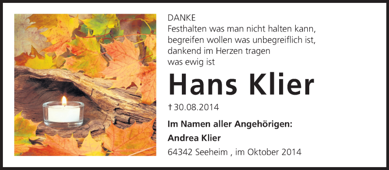  Traueranzeige für Hans Klier vom 04.10.2014 aus Echo-Zeitungen (Gesamtausgabe)