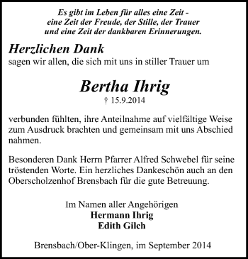 Traueranzeige von Bertha Ihrig von Echo-Zeitungen (Gesamtausgabe)