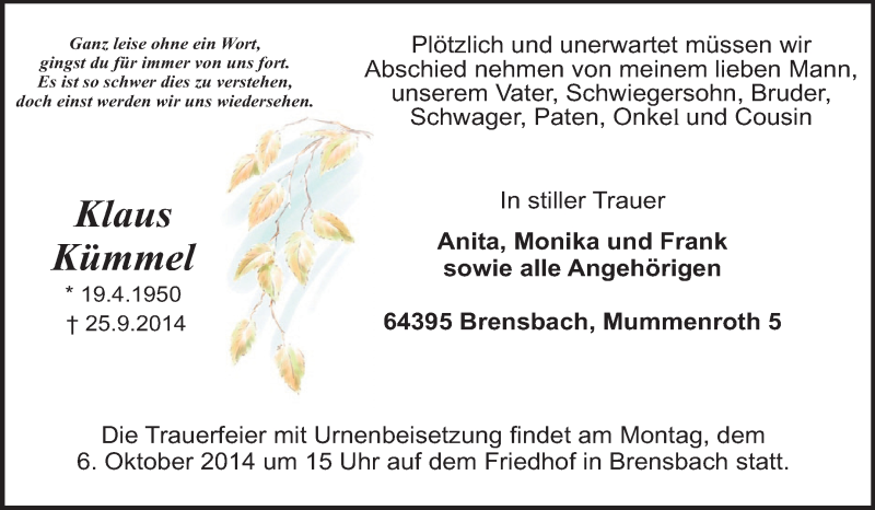  Traueranzeige für Klaus Kümmel vom 02.10.2014 aus Odenwälder Echo