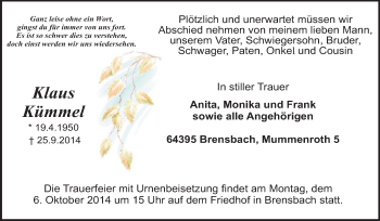 Traueranzeige von Klaus Kümmel von Odenwälder Echo