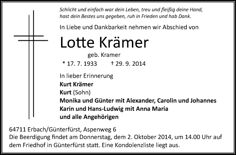  Traueranzeige für Lotte Krämer vom 01.10.2014 aus Odenwälder Echo