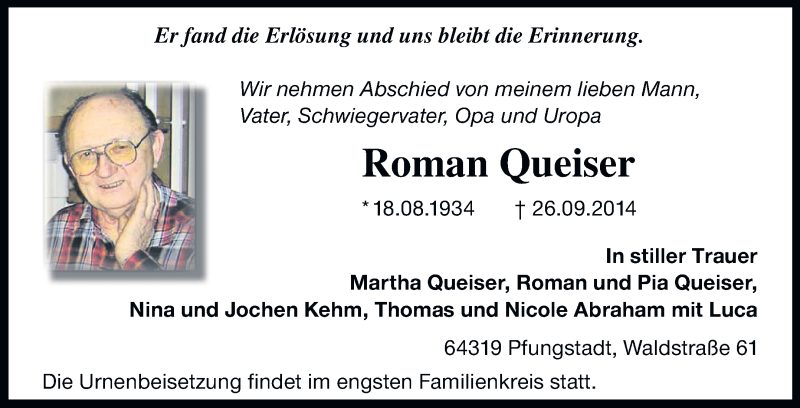 Traueranzeige für Roman Queiser vom 04.10.2014 aus Echo-Zeitungen (Gesamtausgabe)