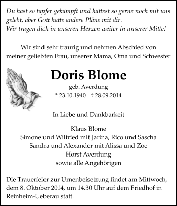 Traueranzeige von Doris Blome von Echo-Zeitungen (Gesamtausgabe)