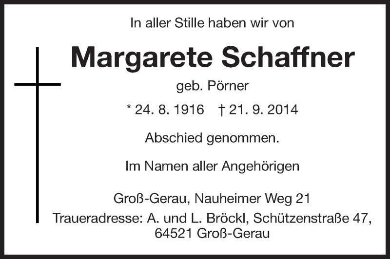  Traueranzeige für Margarete Schaffner vom 04.10.2014 aus Rüsselsheimer Echo, Groß-Gerauer-Echo, Ried Echo