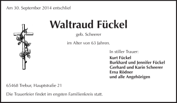 Traueranzeige von Waltraud Fückel von Rüsselsheimer Echo, Groß-Gerauer-Echo, Ried Echo