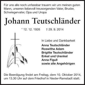 Traueranzeige von Johann Teutschländer von Echo-Zeitungen (Gesamtausgabe)