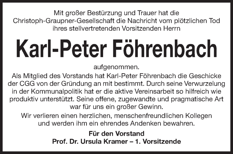  Traueranzeige für Karl-Peter Föhrenbach vom 04.10.2014 aus Echo-Zeitungen (Gesamtausgabe)